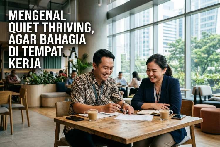 Karyawan kantor tersenyum menerapkan konsep quiet thriving dalam hubungan kerja