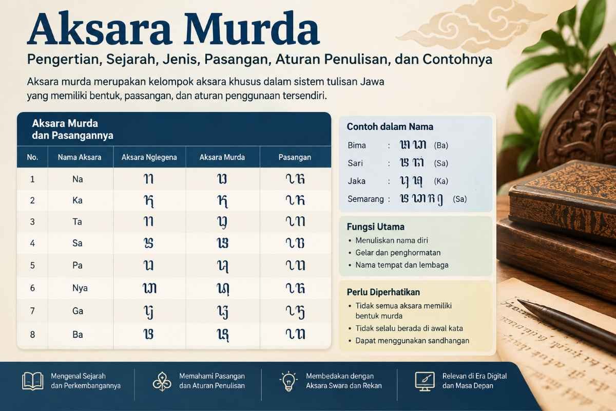 Tabel aksara murda lengkap beserta nama, bentuk aksara Jawa, dan pasangannya.